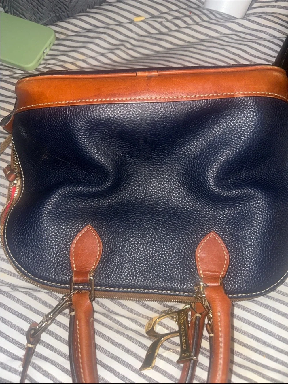 Dooney & Bourke Black Pebbled Leather Satchel with Brown Trim